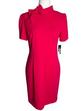 Glamour Bow Neck Short Sleeve Shift Dress Size 6 Hot Pink Zipper Stretch NEW